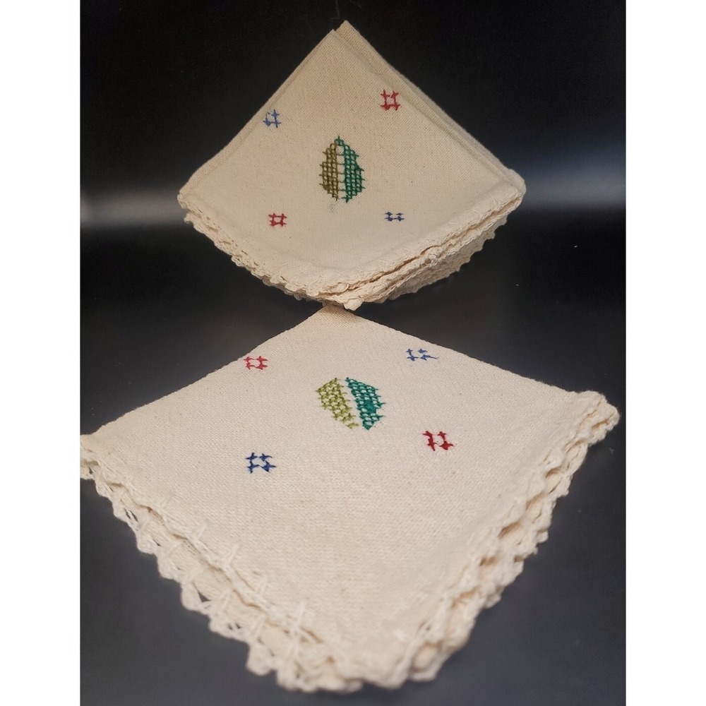 Set Of 6 Vintage‎ Cross Stitched Napkins W/ Crochet Border. (One Has Stains)